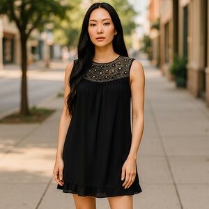 Alice + Olivia Sleeveless Black 100% Silk Embellished Trapeze Dress Size XS